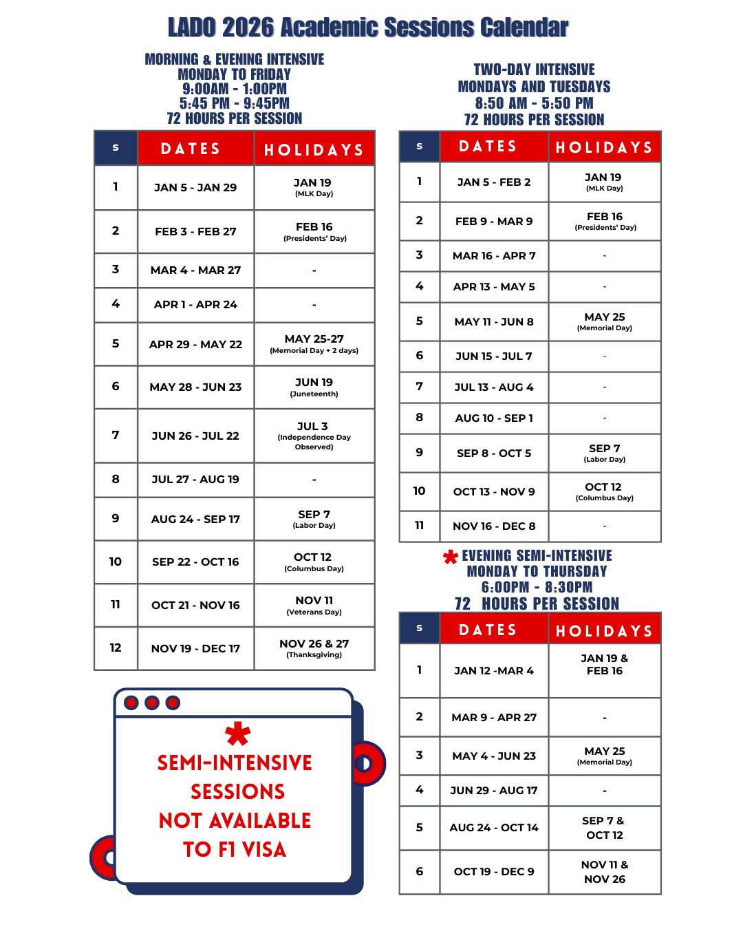 LADO 2026 English Program Schedule and Holidays